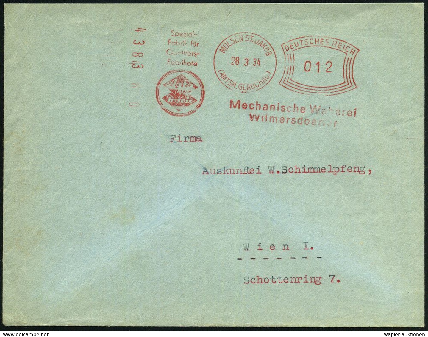 MÜLSEN ST.JAKOB/ (AMTSH.GLAUCHAU)/ ..Agfa/ Travis/ Mechan.Weberei/ Wilmersdoerfer 1934 (28.3.) Sehr Seltener AFS-Typ "Ko - Chemie