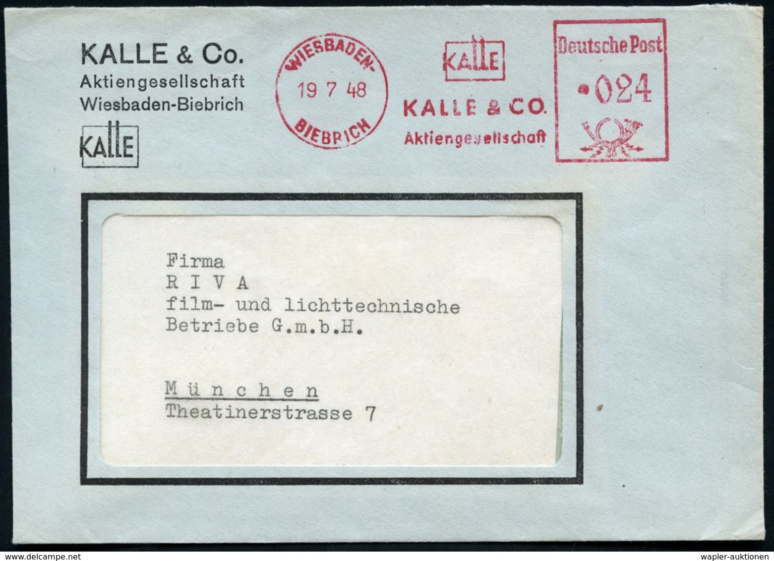 WIESBADEN-/ BIEBRICH/ KALLE & CO/ AG 1948 (19.7.) AFS , Klar Gest. Firmen-Orts-Bf.  (Dü.E-20A M.Punkt) - I.-G.-FARBEN IN - Scheikunde