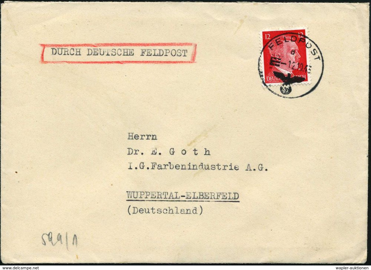 DT.BES.FRANKREICH 1943 (12.10.) 1K.: FELDPOST/d/--- (geblockt) Auf EF 12 Pf. Hitler + Rs. OKW-Zensur-Streifen "x" = Pari - Chimie