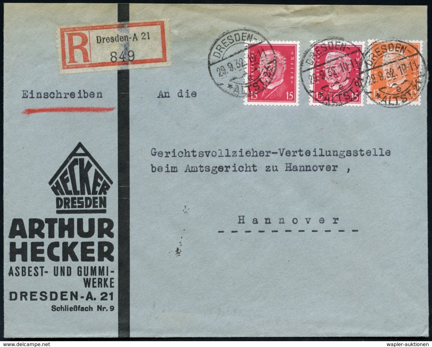 DRESDEN-/ ALST.21/ E 1932 (29.9.) 1K-Brücke Auf 12 Pf. U. 2x 15 Pf. Hindenbg. Je Firmenlochung "A H" = A Rthur Hecker +  - Chimica