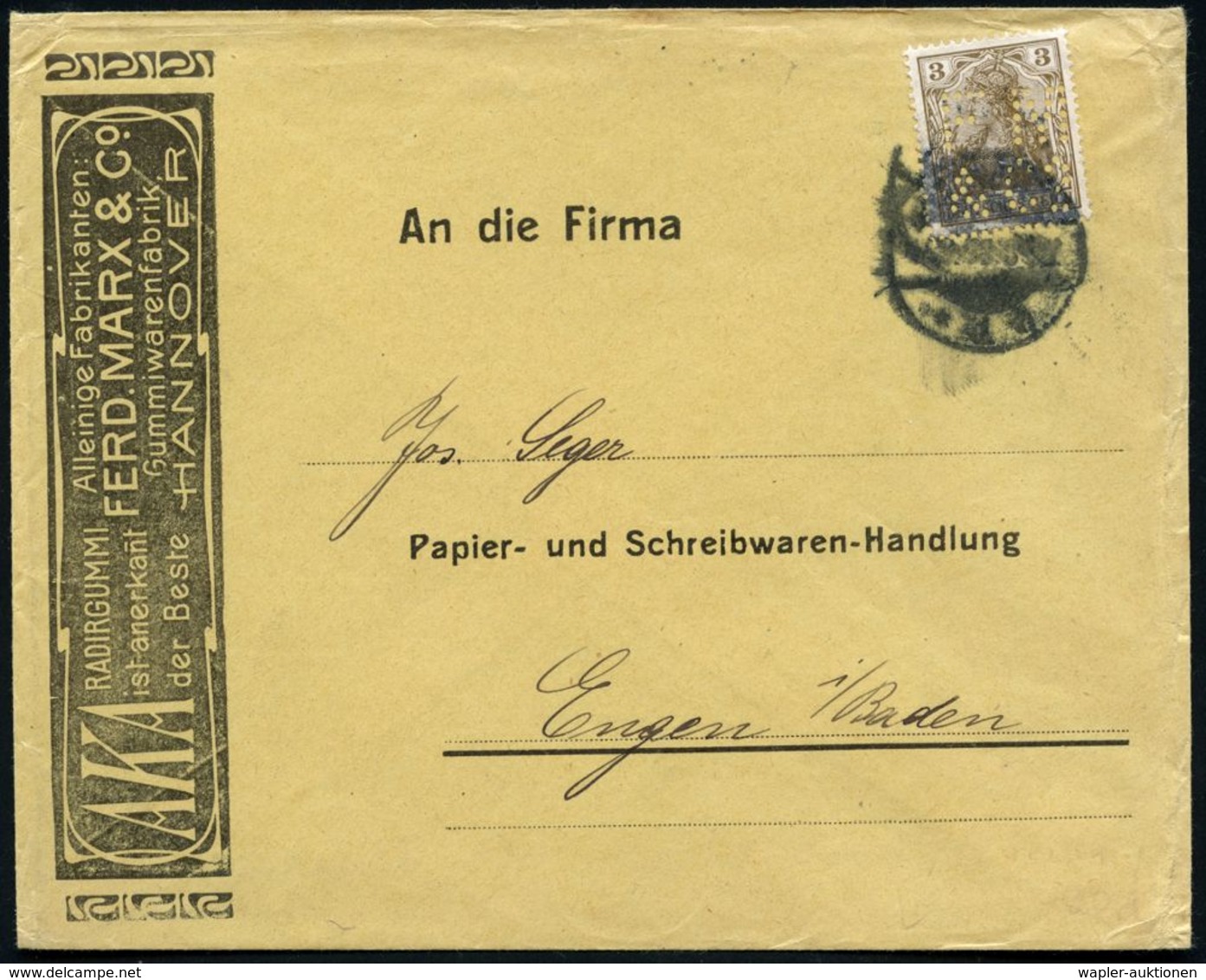 Hannover 1908 3 Pf. Germania Mit Firmenlochung: "F M / & Co" = F Erd. Marx & Co. Gummiwarenfabrik, Rs. Reklame: 7 Versch - Chemie