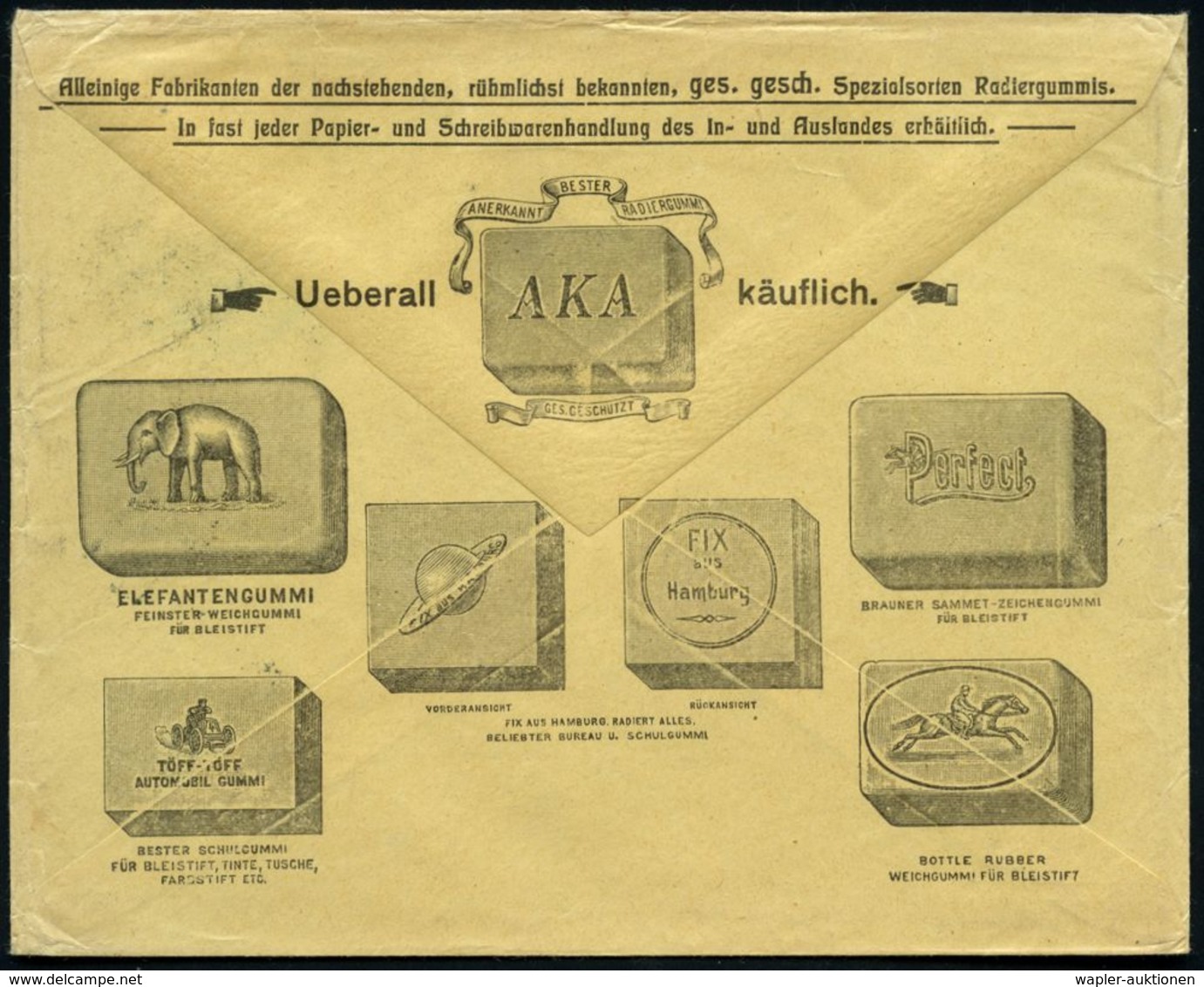 Hannover 1908 3 Pf. Germania Mit Firmenlochung: "F M / & Co" = F Erd. Marx & Co. Gummiwarenfabrik, Rs. Reklame: 7 Versch - Scheikunde