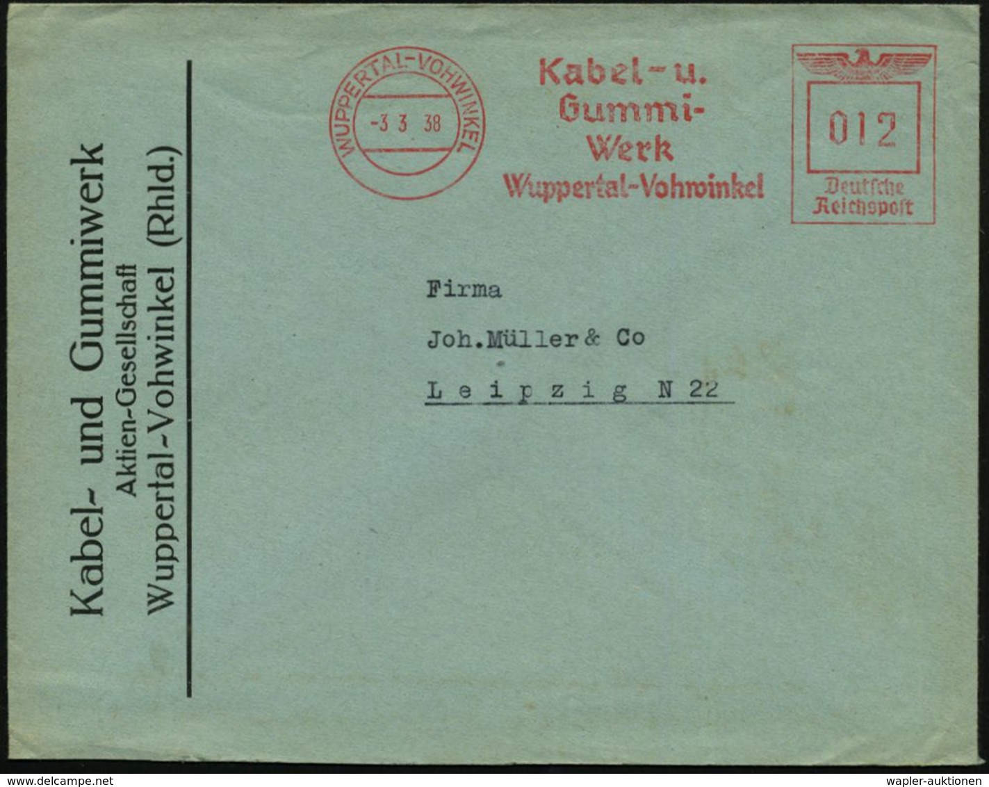 WUPPERTAL-VOHWINKEL/ Kabel-u./ Gummi-/ Werk/ Wuppertal-Vohwinkel 1938 (3.3.) AFS Klar Auf Firmen-Bf. (Dü.E-5CGo) - GUMMI - Chimica