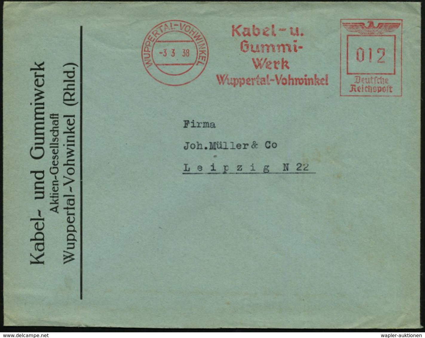 WUPPERTAL-VOHWINKEL/ Kabel-u./ Gummi-/ Werk/ Wuppertal-Vohwinkel 1938 (3.3.) AFS Klar Auf Firmen-Bf. (Dü.E-5CGo) - GUMMI - Scheikunde