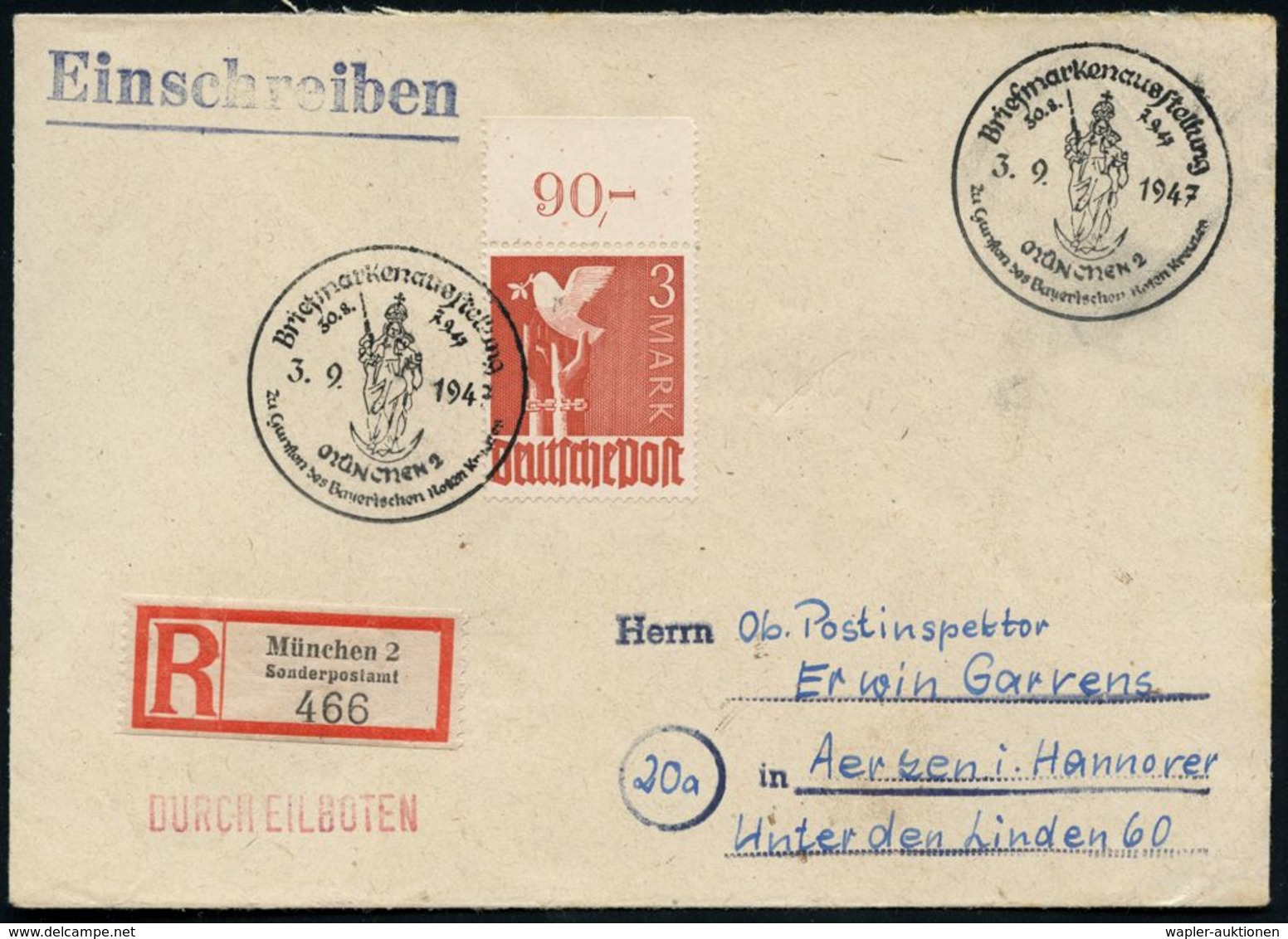 MÜNCHEN 2/ Briefm.Ausstellung/ Zu Gunsten Des Bayer.Roten Kreuzes 1947 (3.9.) Seltener SSt = Maria Mit Jesuskind Auf Mon - Christentum