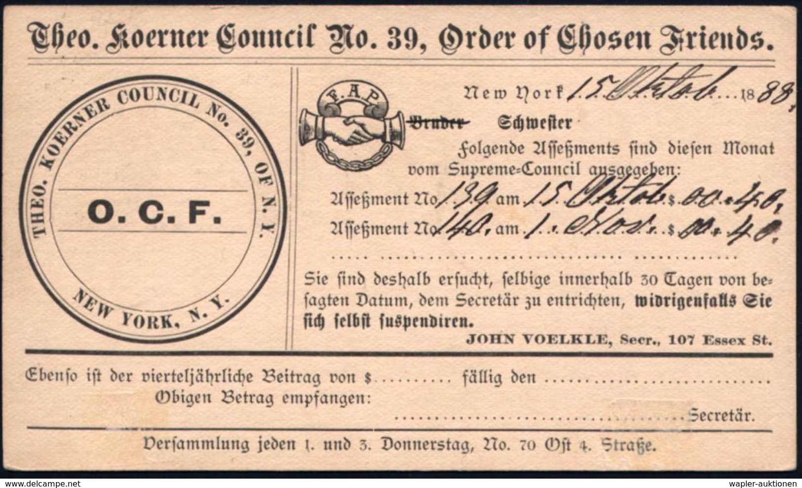 U.S.A. 1888 (12.10.) PP 1 C. Jefferson, Schw.: Theo. Koerner Council No.39, Order Of Chosen Friends (Ordens-Logo: F.A.P. - Christianisme