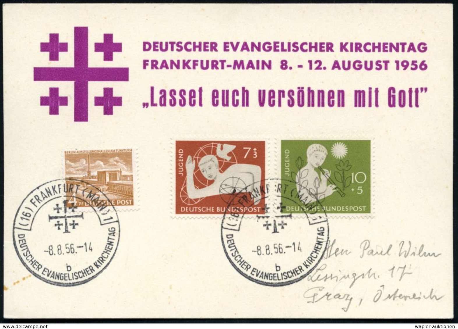 (16) FRANKFURT (MAIN)1/ B/ DEUTSCHER EVANGEL.KIRCHENTAG 1956 (8.8.) SSt = Jerusalem-Kreuz 2x Rs. AUf Motivgl. Sonder-Kt. - Cristianesimo