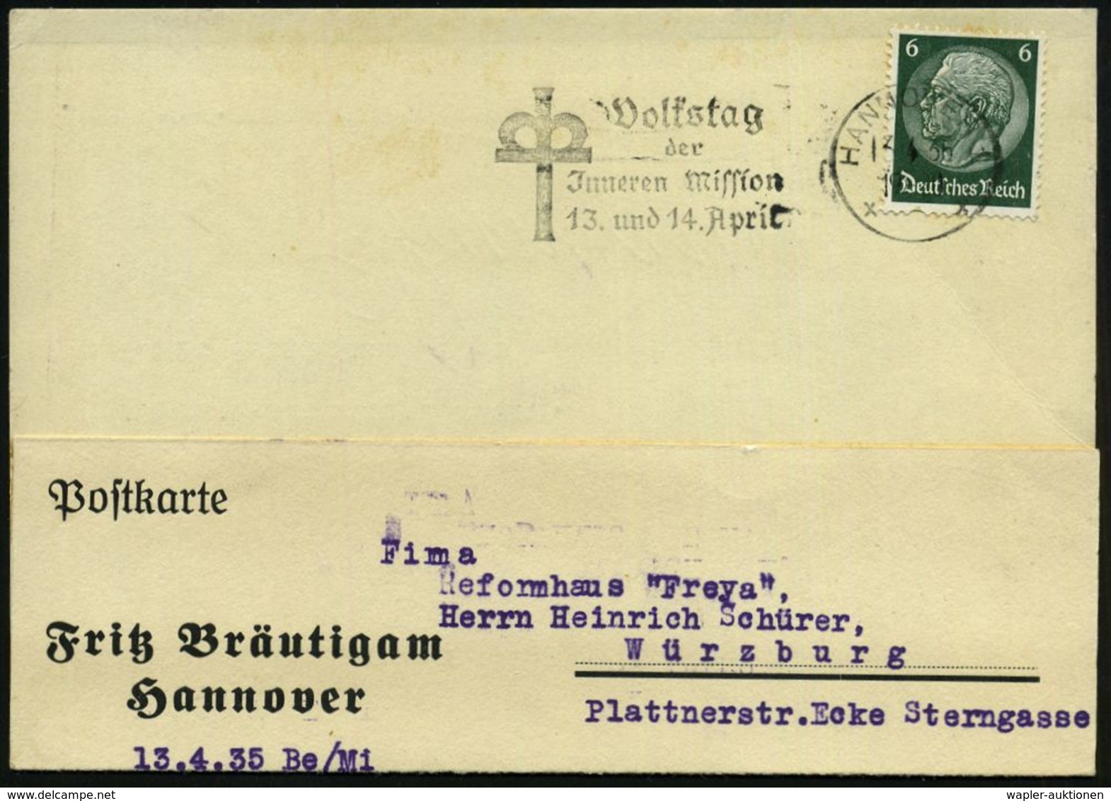 HANNOVER 1/ Xx/ Volkstag/ Der/ Jnneren Mission/ 13.u.14.April 1935 (14.4.) Seltener MWSt = Bogenkreuz , Firmen-Kt. (Bo.S - Christendom