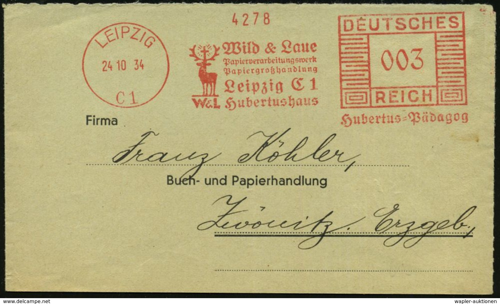 LEIPZIG/ C1/ Wild & Laue/ ..Hubertushaus/ Hubertus Pädagog 1934 (24.10.) AFS = St. Hubertus-Hirsch Mit Strahlenkreuz (im - Christendom
