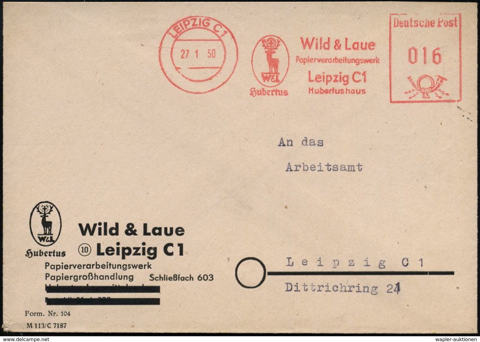 LEIPZIG C1/ Hubertus/ Wild & Laue/ ..Hubertushaus 1950 (27.1.) AFS = St. Hubertus-Hirsch Mit Strahlenkreuz (im Geweih),  - Christendom