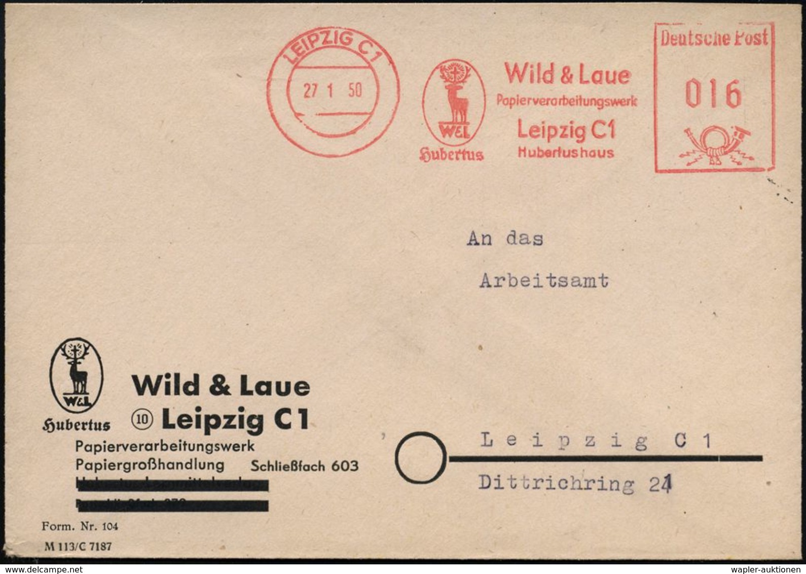 LEIPZIG C1/ Hubertus/ Wild & Laue/ ..Hubertushaus 1950 (27.1.) AFS = St. Hubertus-Hirsch Mit Strahlenkreuz (im Geweih),  - Cristianesimo