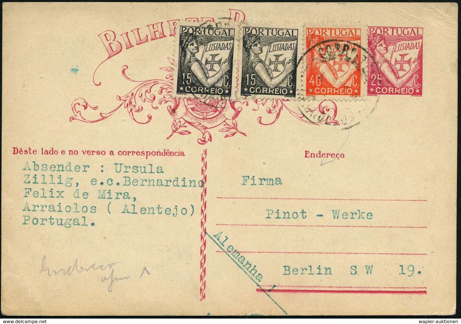 PORTUGAL 1933 (Nov.) 25 C. Inl.-P. "Luisadas"-Kreuz + Motivreine Zusatzfrank. 2x 15 U.40 C. Freimarken , Dekorat. Ausl.- - Cristianesimo