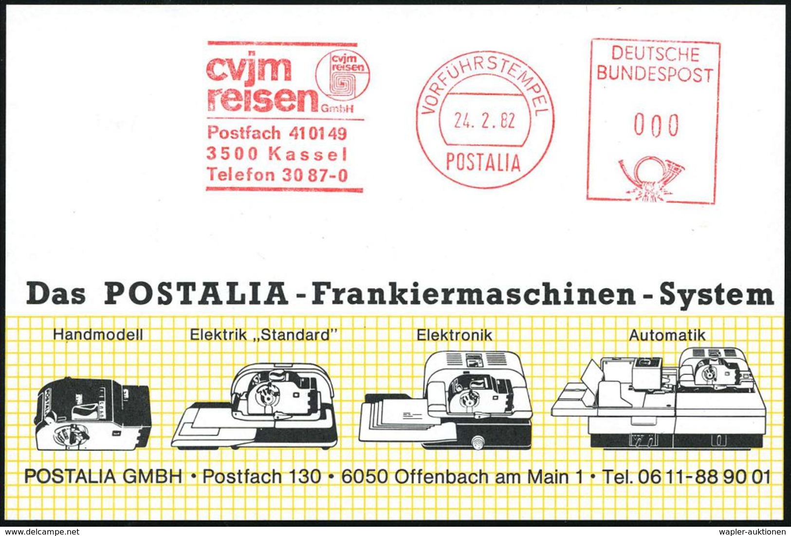 3500 Kassel 1962 (24.2.) AFS: VORFÜHRSTEMPEL/POSTALIA/c V J M/ Reisen GmbH (Logo) Seltene Postalia-Musterkt.!  (= Specim - Christendom