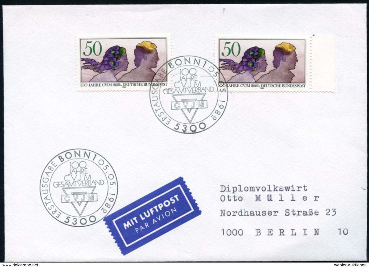 B.R.D. 1982 (5.5.) 50 Pf. "100 Jahre CVJM", Reine MeF: 2 Stück + 2x ET-SSt.: 5300 100 JAHRE/CVJM/GESAMTVERBAND.. , Inl.- - Christendom