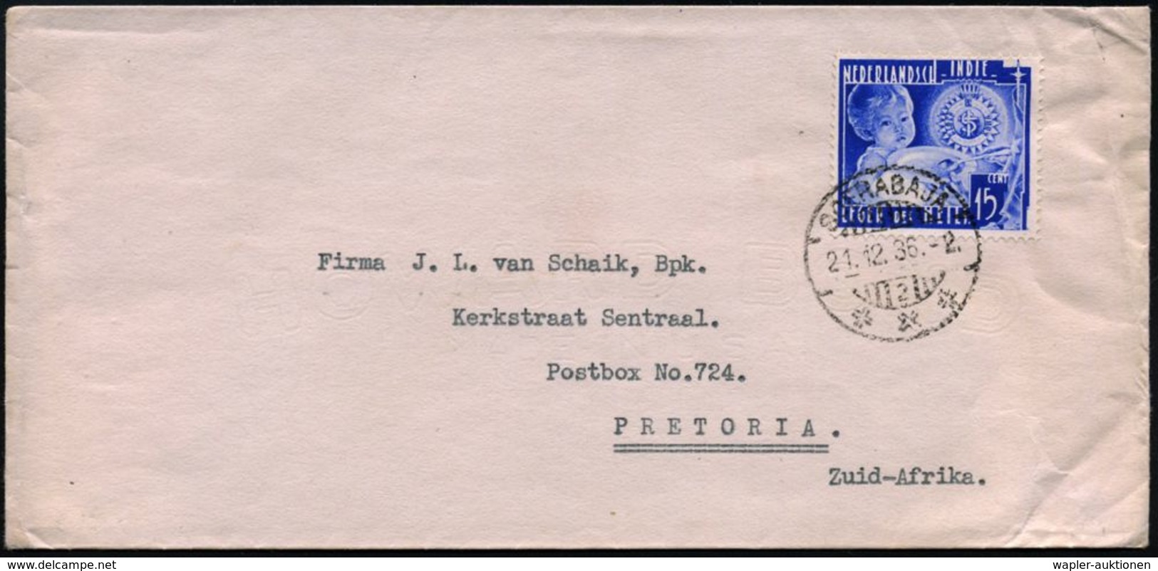 NIEDERL.INDIEN 1936 (21.12.) 15 C. "Leger Des Heils" = Heilsarmee, Blau, EF = Kinderspeisung , Sauber Gest. (SOERABAJA)  - Christianisme