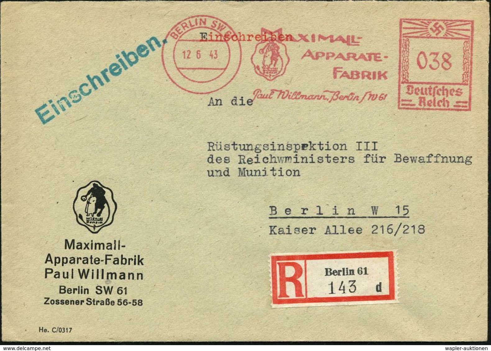 BERLIN SW 61/ Wieviel/ Benzin?/ MAXIMALL-/ APPARATE-/ FABRIK.. 1943 (12.6.) AFS = Teufel (mit Langem Schwanz Hinter Mens - Cristianismo