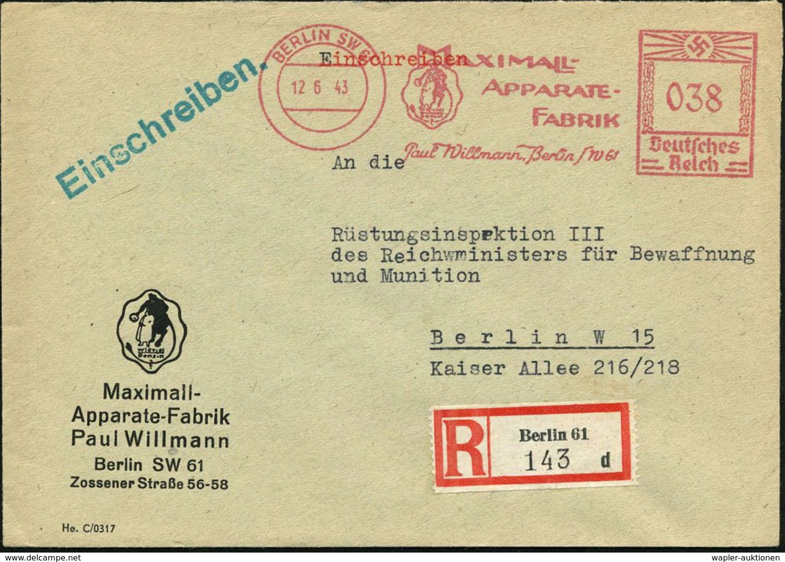 BERLIN SW 61/ Wieviel/ Benzin?/ MAXIMALL-/ APPARATE-/ FABRIK.. 1943 (12.6.) AFS = Teufel (mit Langem Schwanz Hinter Mens - Cristianesimo