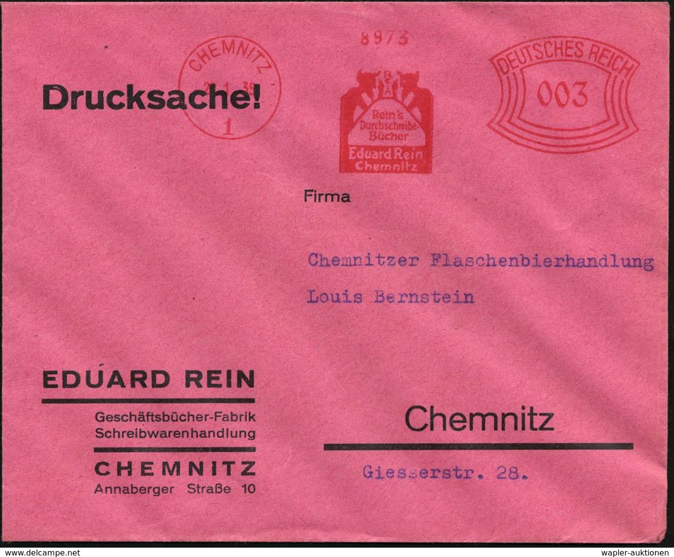 CHEMNITZ/ 1/ Rein's/ Durchschreibe-/ Bücher.. 1935 (22.1.) AFS = 2 Teufel (zeigen Sich Einen "Vogel") Dekorativer Firmen - Cristianesimo