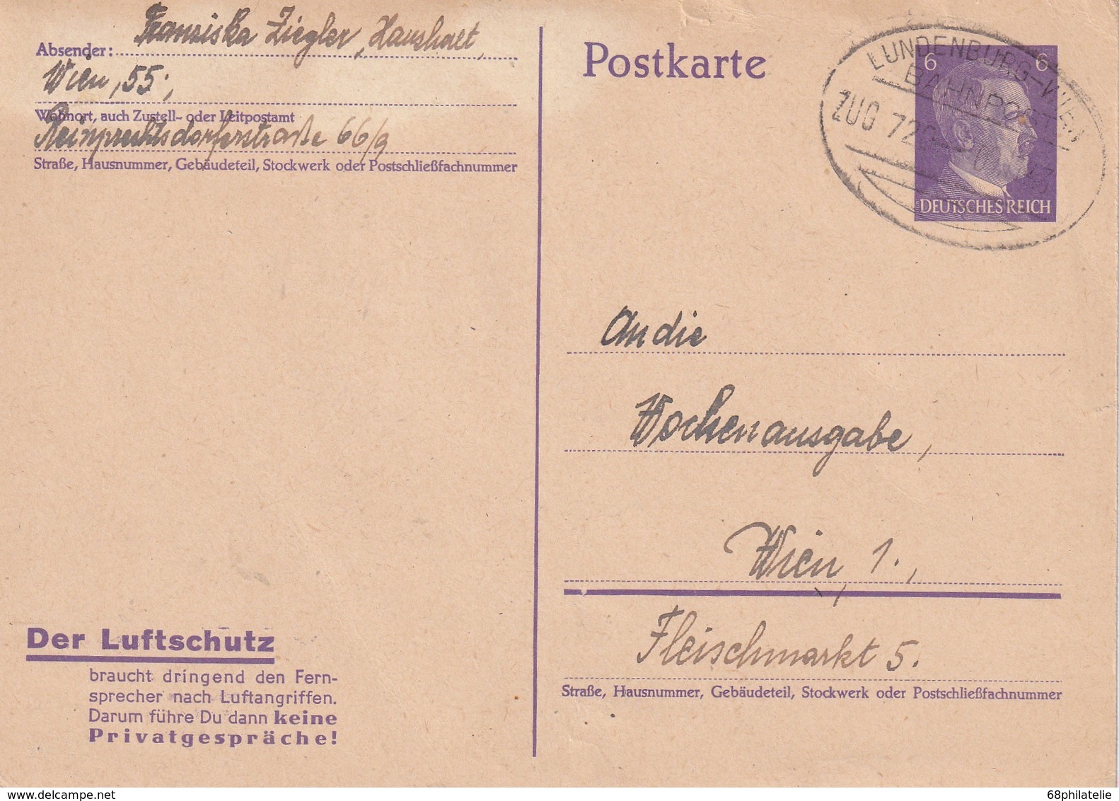 ALLEMAGNE 1943   ENTIER POSTAL/GANZSACHE/POSTAL STATIONERY CARTE AVEC CACHET FERROVIAIRE ZUGSTEMPEL LUNDENBURG-WIEN - Autres & Non Classés