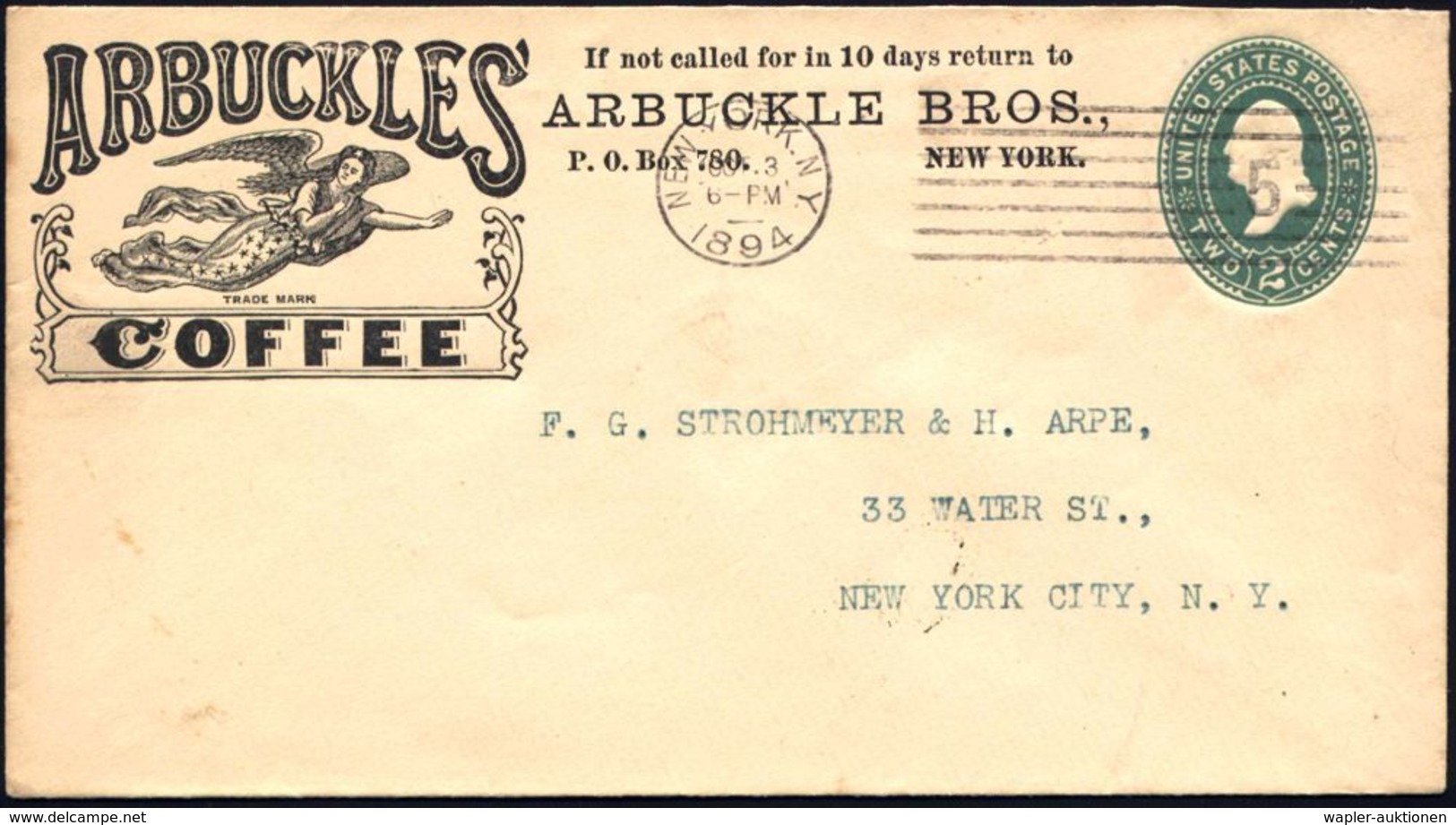 U.S.A. 1894 (3.10.) Reklame-PU 2 C. Washington, Grün: ARBUCKLES COFFEE..NEW YORK = Engel , Klar Gest., Dekorat. Orts-Bf. - Christendom