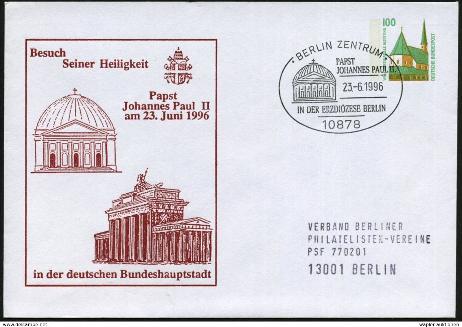 10878 BERLIN ZENTRUM/ PAPST/ JOH.PAUL II./ IN DER ERZDIÖZESE BERLIN 1996 (23.6.) SSt = St. Hedwigs-Kathedrale (1747-73 U - Pausen