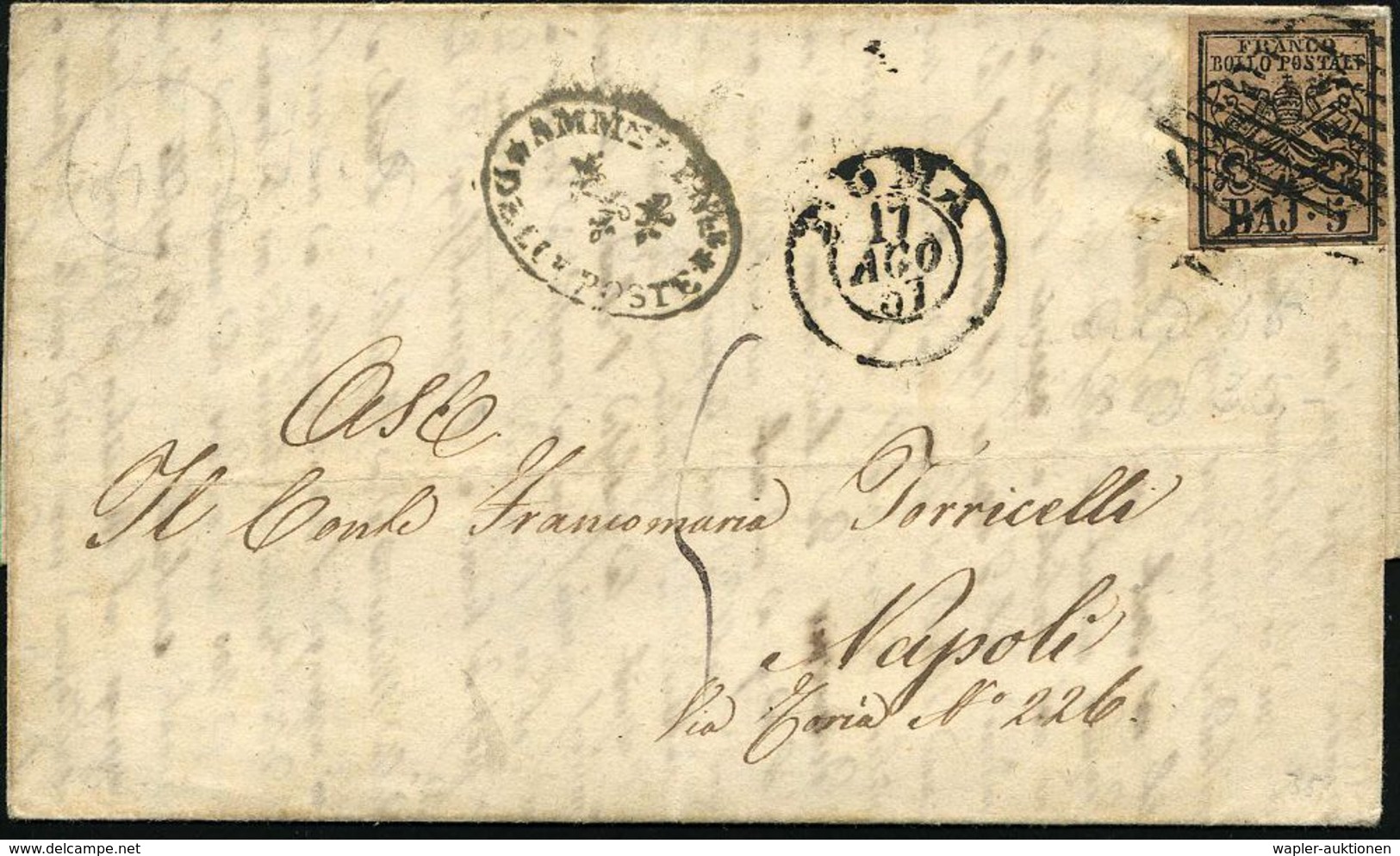 KIRCHENSTAAT 1857 (17.8.) 5 Baj. "Papst-Wappen", Rosa/schw., EF Voll- Bis Breitrandig Mit Gitter Entwertet + 2K: ROMA +  - Pausen