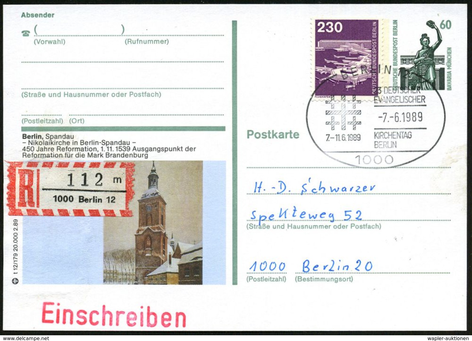 1000 BERLIN 12/ 23.DEUTSCHER/ EVANGELISCHER/ KIRCHENTAG 1989 (7.6.) SSt Auf Passender BiP 60 Pf. Bavaria, Grün: 450 Jahr - Christendom