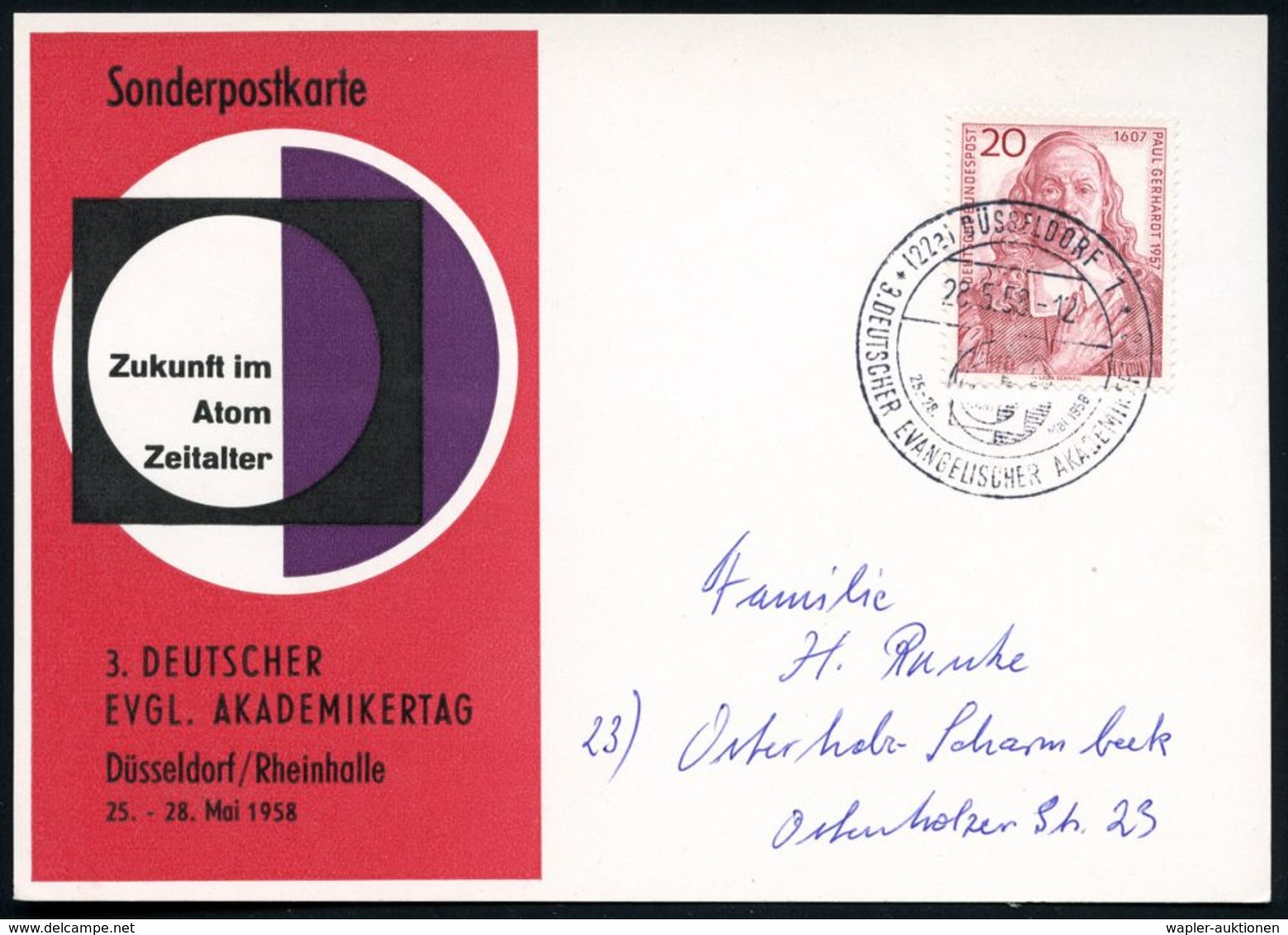 (22a) DÜSSELDORF 1/ 3.DEUTSCHER EVANGELISCHER AKADEMIKERTAG 1958 (28.5.) Seltener SSt Auf Seltener Sonderkarte: Zukunft  - Christentum