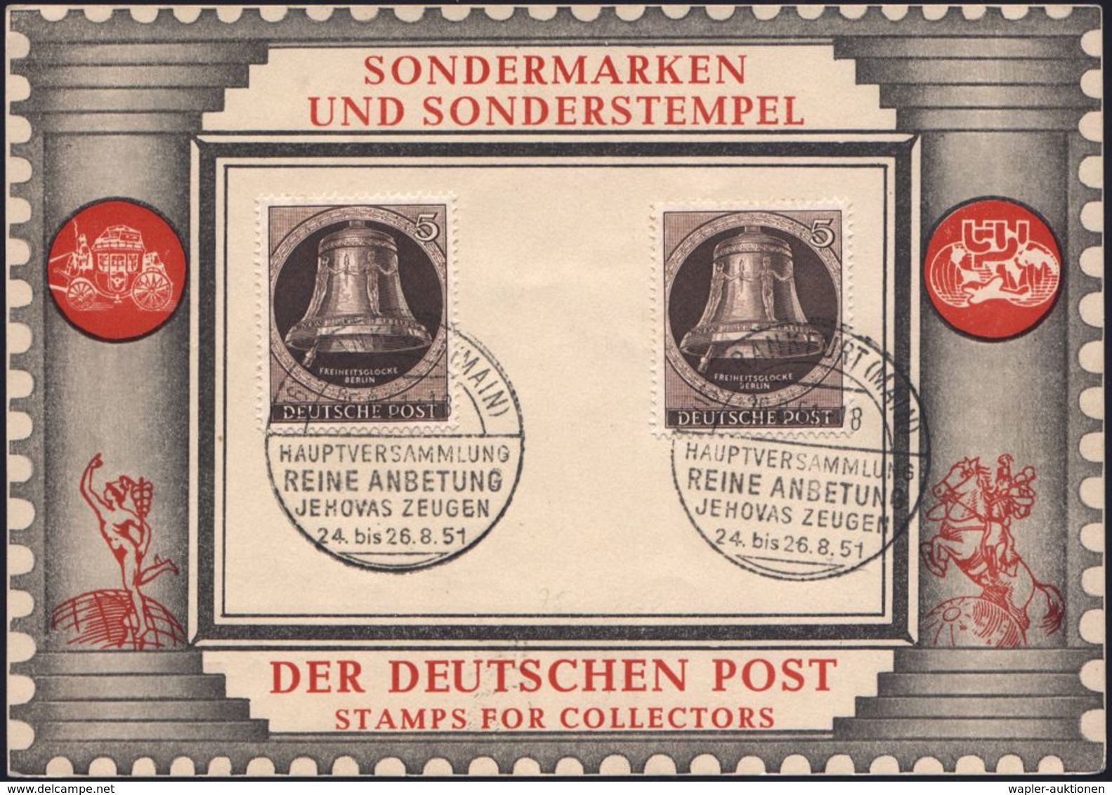 (16) FRANKFURT (MAIN)/ HAUPTVERSAMMLUNG/ REINE ANBETUNG/ JEHOVAS ZEUGEN 1951 (25.8.) SSt 2x Rs. Auf 2x 5 Pf. Berlin Gloc - Christentum