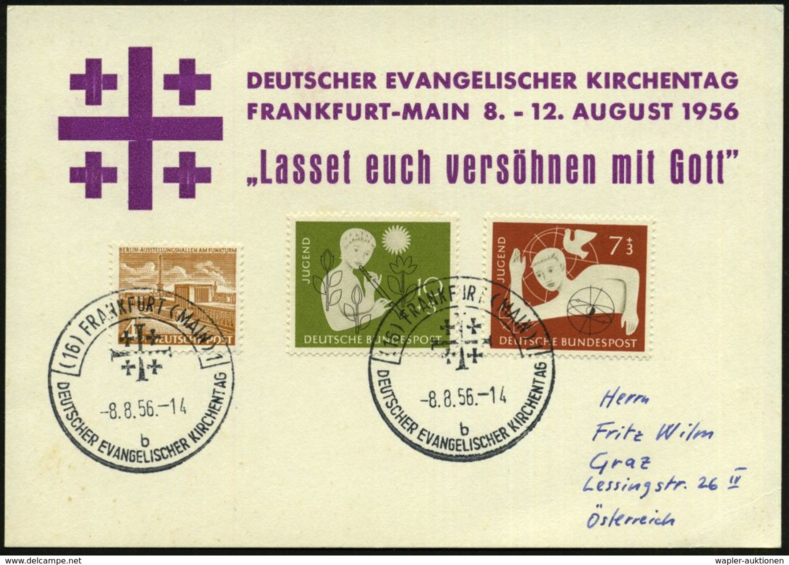 (16) FRANKFURT (MAIN)1/ B/ DEUTSCHER EVANGEL.KIRCHENTAG 1956 (8.8.) SSt = Jerusalem-Kreuz 2x Rs. Auf Motivgl. Sonder-Kt. - Christianity