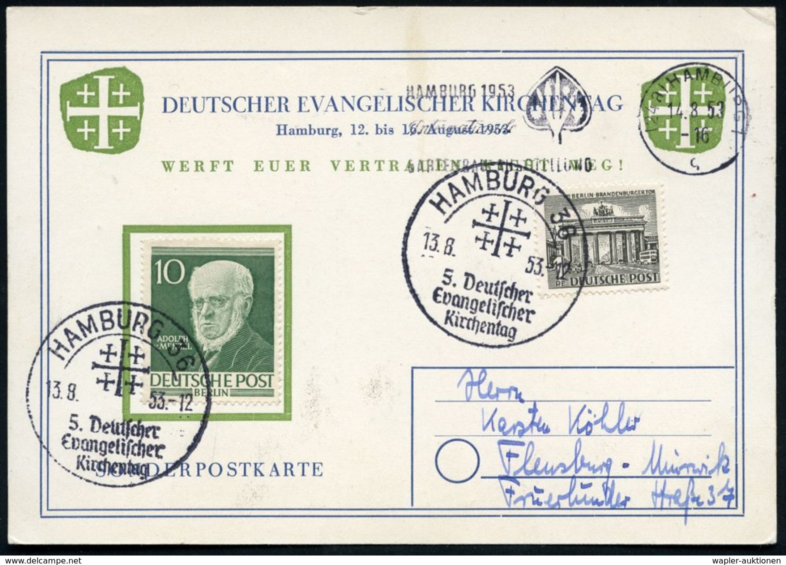 HAMBURG 36/ 5.Deutscher/ Evangel./ Kirchentag/ A 1953 (13.8.) SSt = Jerusalem-Kreuz Mehrfach Rs. Auf Sonder-Kt.: Deutsch - Christentum