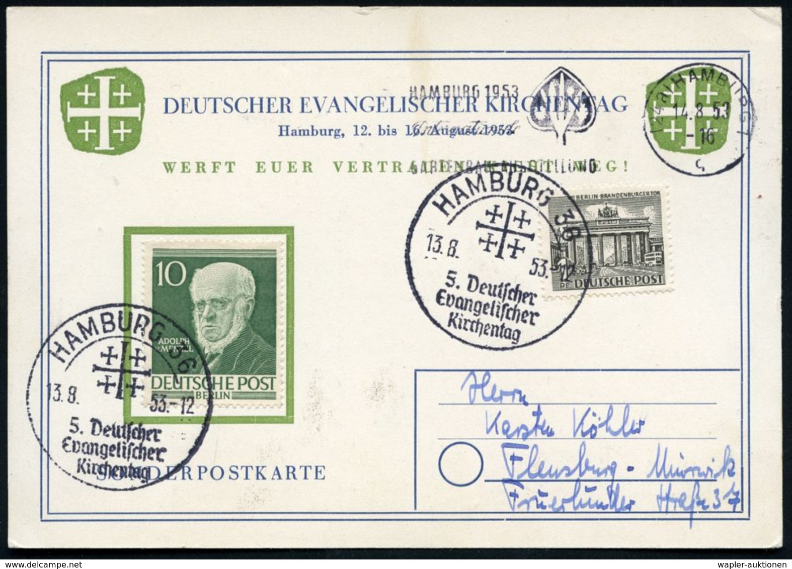 HAMBURG 36/ 5.Deutscher/ Evangel./ Kirchentag/ A 1953 (13.8.) SSt = Jerusalem-Kreuz Mehrfach Rs. Auf Sonder-Kt.: Deutsch - Cristianesimo