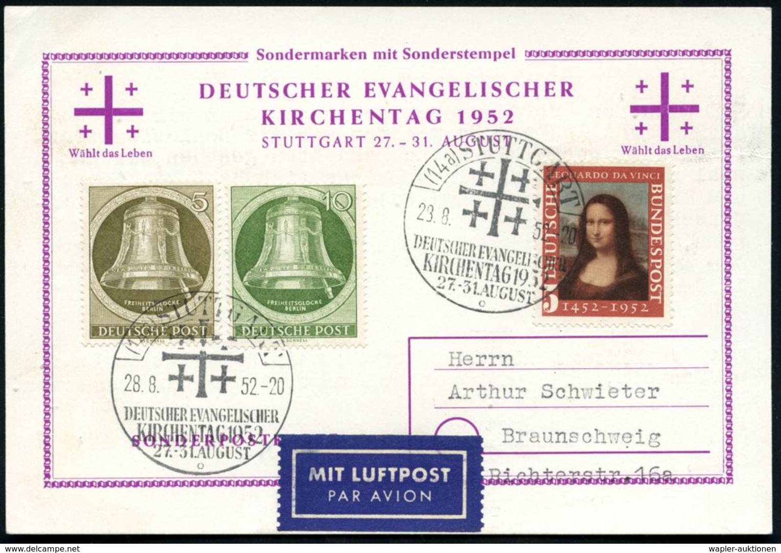 (14a) STUTTGART/ DEUTSCHER EVANGELISCHER/ KIRCHENTAG 1952 (31.8.) SSt = Jerusalem-Kreuz 2x Glasklar Auf 10 Pf. M. Luther - Christendom