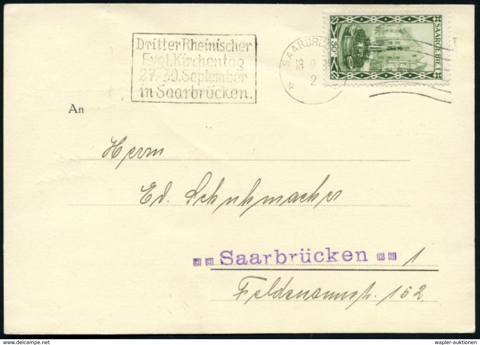 SAAR 1930 (18.9.) MaWellenSt.: SAARBRÜCKEN/**/Dritter Rheinischer/Evgl. Kirchentag.. Auf Passender Dienst-Kt.: Geschäfts - Cristianesimo