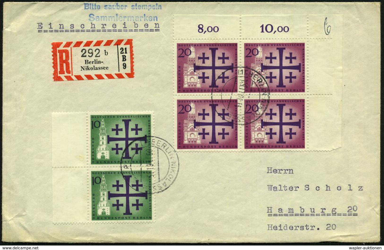 BERLIN 1961 (9.11.) Evangel. Kirchentag 10 Pf. Randpaar U. 20 Pf. Eckrand-4er-Block = 2 überkompl. Sätze + RZ: Berlin-/N - Christendom