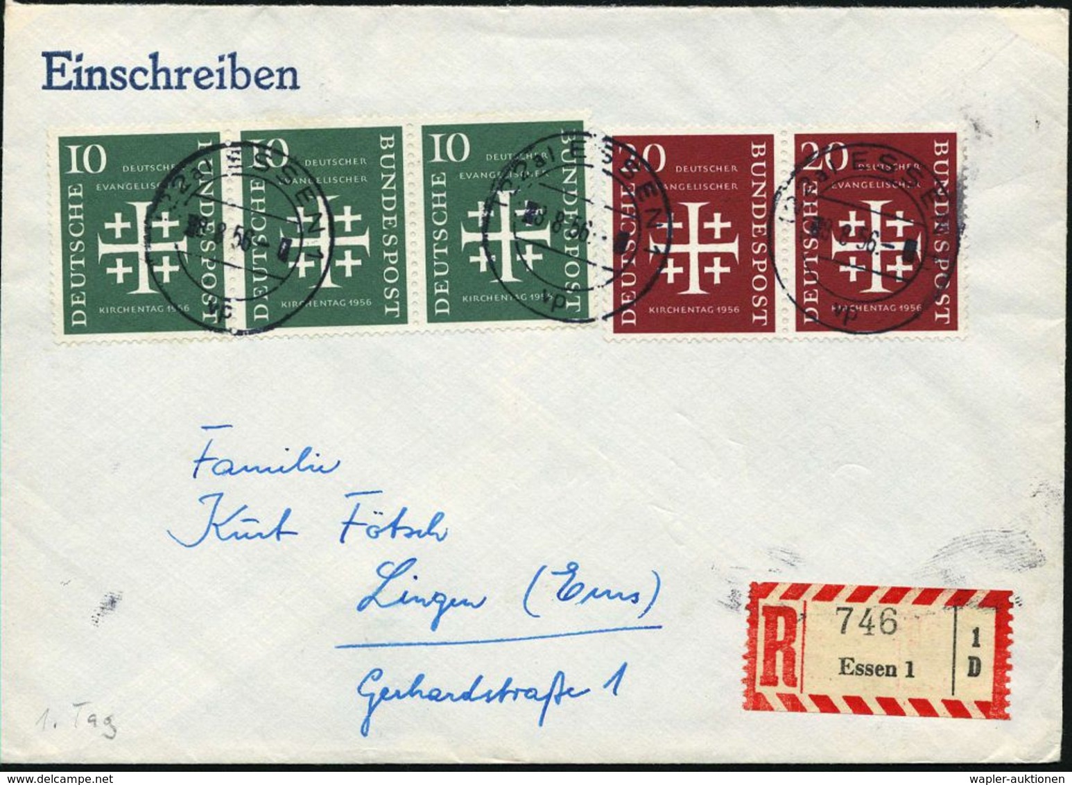 B.R.D. 1956 (8.8.) Evangel. Kirchentag 10 Pf.: 3er-Streifen U. 20 Pf.: Paar, Satzreine Frankatur + RZ: Essen 1, Klar Ges - Christianisme