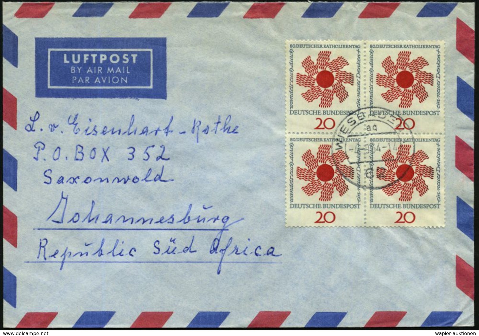 B.R.D. 1964 (4.9.) 20 Pf. "80. Deutscher Katholikentag, Stuttgart", Reine MeF: 4er-Block (Sonne) Zentr. Gest. (Wiesbaden - Christendom