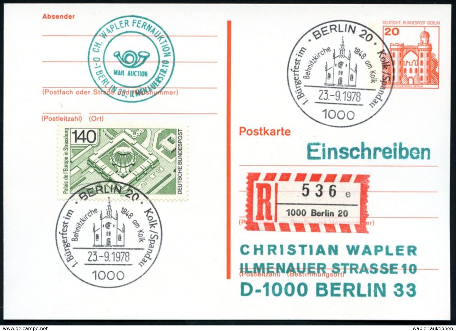 1000 BERLIN 20/ Benitzkirche 1848 Am Kolk/ 1.Bürgerfest 1978 (23.9.) SSt = Benitz-Kirche (von 1848) + RZ: 1000 Berlin 20 - Iglesias Y Catedrales