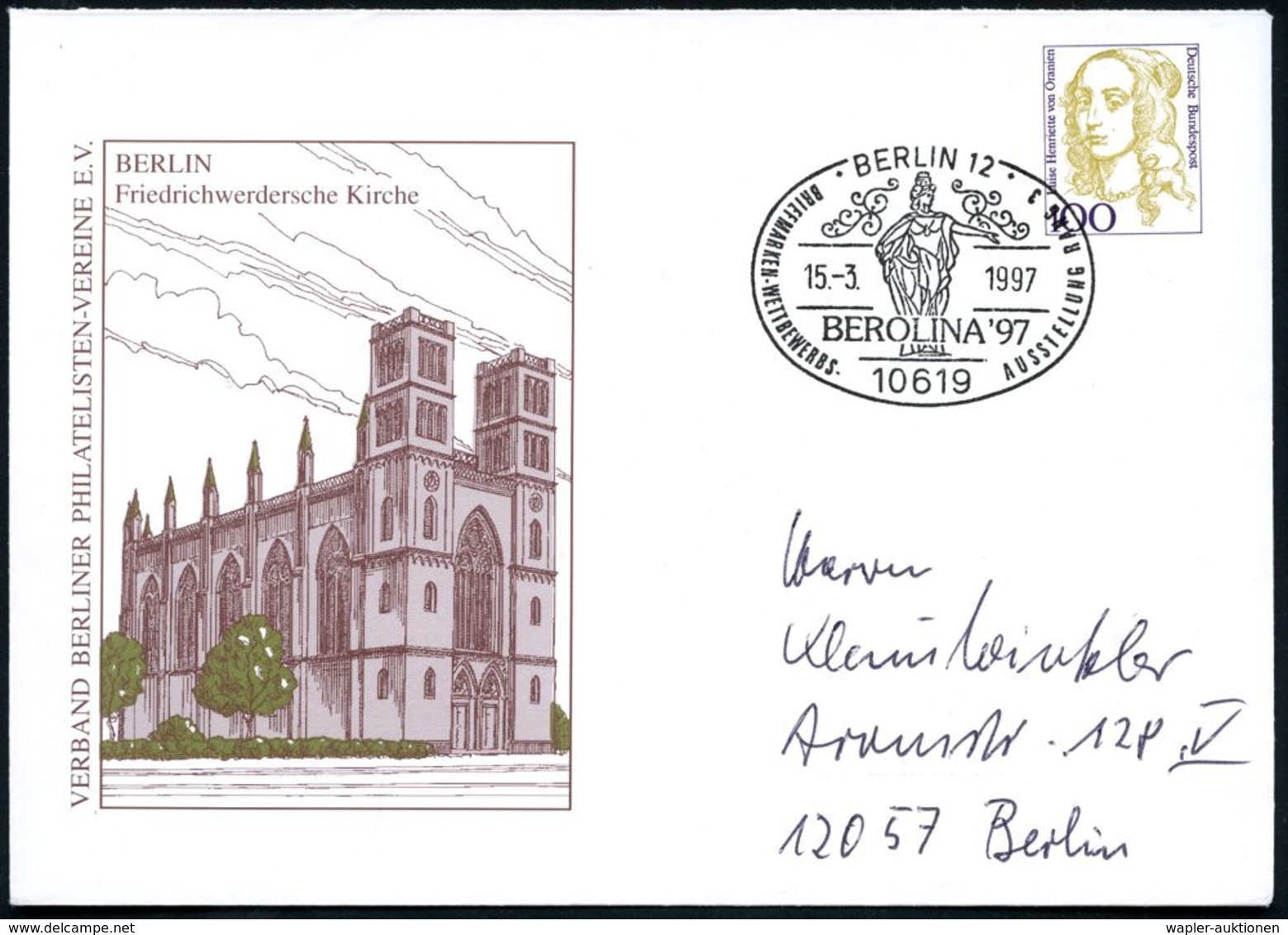 10619 BERLIN 12/ K.F.Schinkel.. 1997 (15.3.) SSt (Berolina) PU 100 Pf. Varnhagen: Friedrichswerdersche Kirche (von K. F. - Kirchen U. Kathedralen