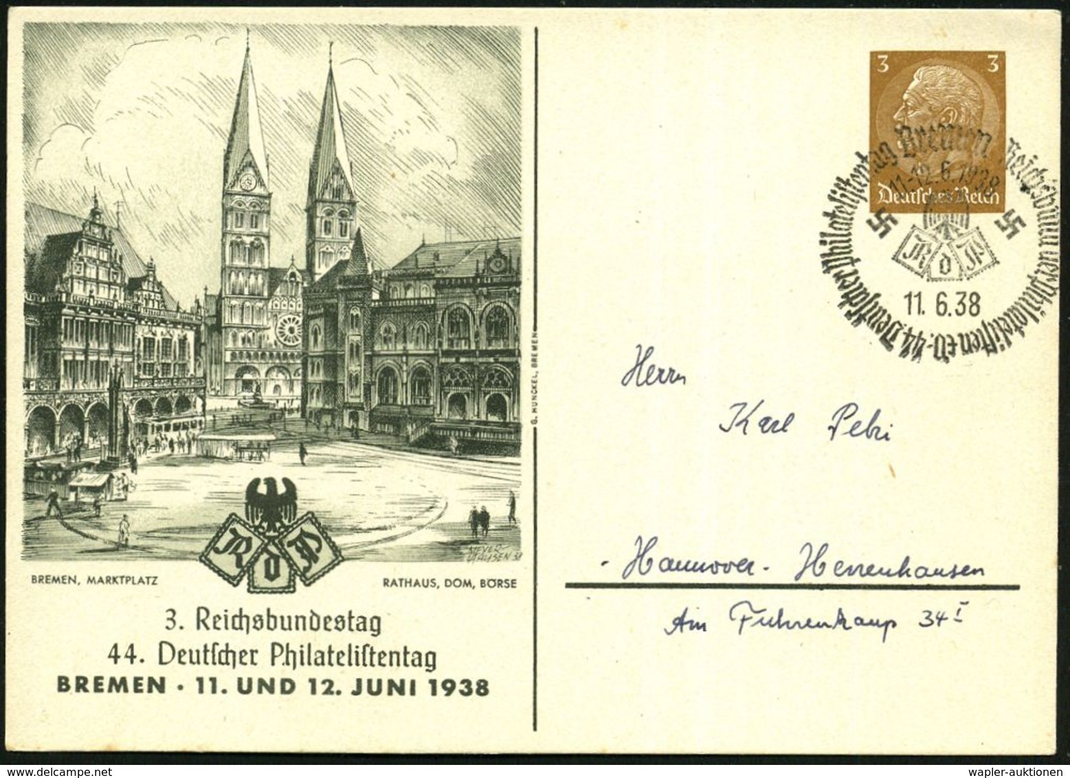 Bremen/ 44.Deutscher Philatelistentag/ RdPh 1938 (11.6.) SSt Auf PP 3 Pf. Hindenbg.: 3.Reichsbundestag/44. Deut-scher Ph - Eglises Et Cathédrales