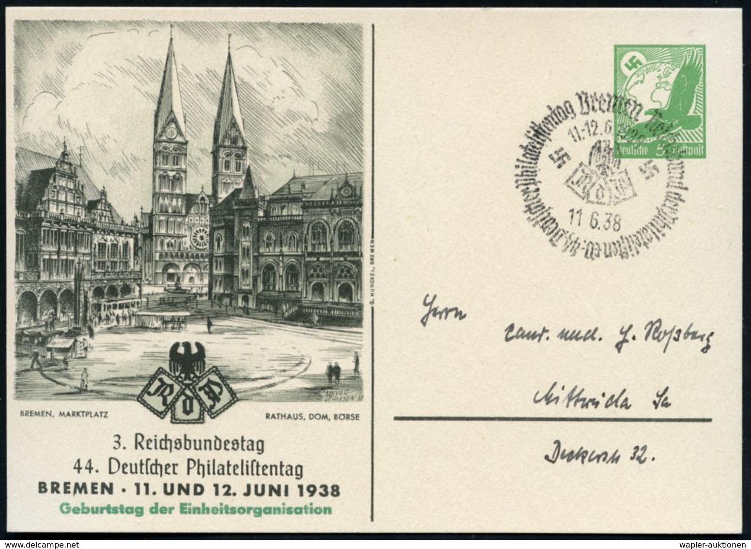 Bremen/ 44.Deutscher Philatelistentag.. 1938 (11.6.) SSt Auf PP 5 Pf. Adler/Globus, Grün: 44. Deutscher Philatel.-Tag =  - Eglises Et Cathédrales