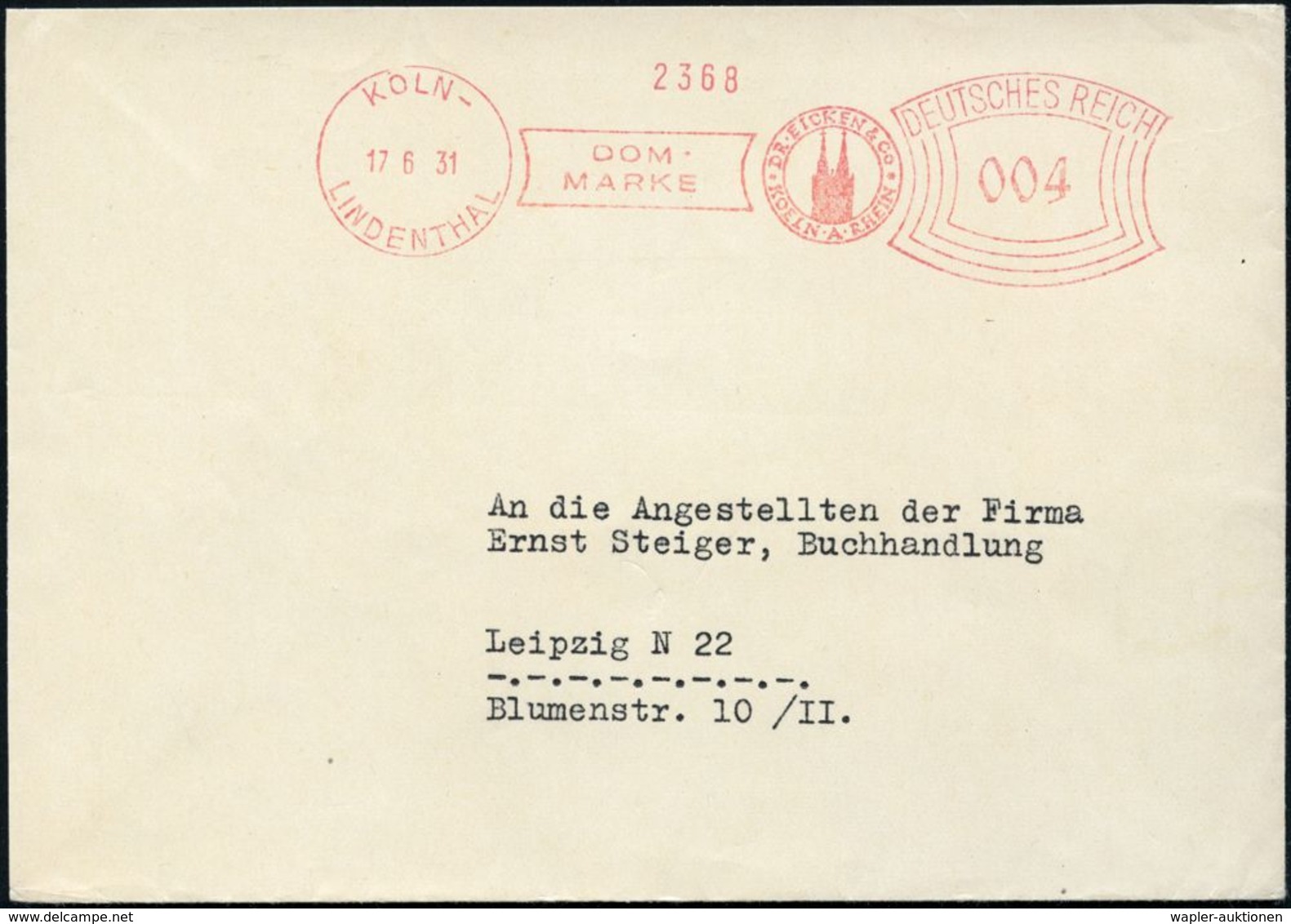 KÖLN-/ LINDENTHAL/ DOM-/ MARKE/ DR.EICKEL & Co 1931 (17.6.) AFS = Kölner Dom (rs. Motivgl. Abs.-Vordruck) Inl.-Bf. (Dü.E - Eglises Et Cathédrales