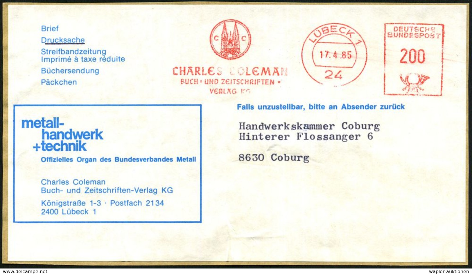 24 LÜBECK 1/ CC/ CHARLES COLEMAN/ BUCH-U.ZEITSCHRIFTEN-/ VERLAG 1985 (17.4.) AFS 200 Pf. = Firmen-Logo Mit Marienkirche  - Eglises Et Cathédrales