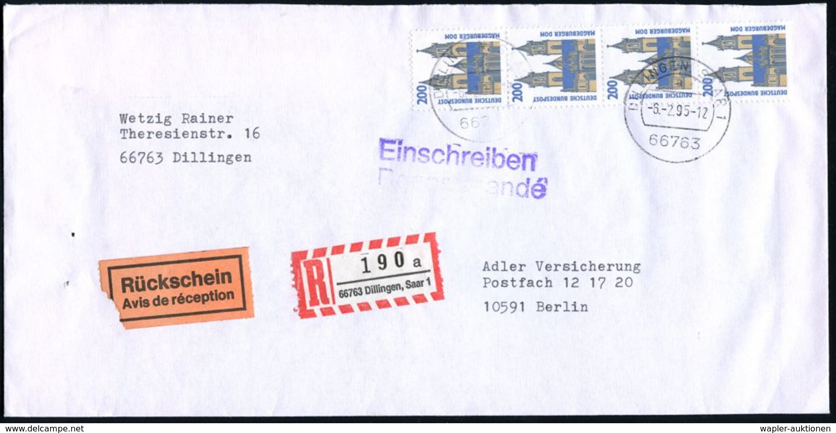 B.R.D. 1995 (6.2.) 200 Pf. Magdeburger Dom, Reine MeF: Vertikaler 4er-Streifen + RZ: 66763 Dillingen, Saar 1 , Inl.-R-Bf - Kirchen U. Kathedralen