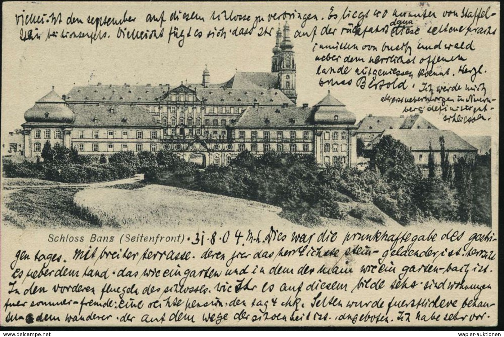 LICHTENFELS 1904 (31.8.) 2K Auf S/w.-Foto-Ak.: Schloss Banz (Seitenfront) = Benediktiner-Abtei, Gegr. 1070, Zeitwiese Tr - Klöster