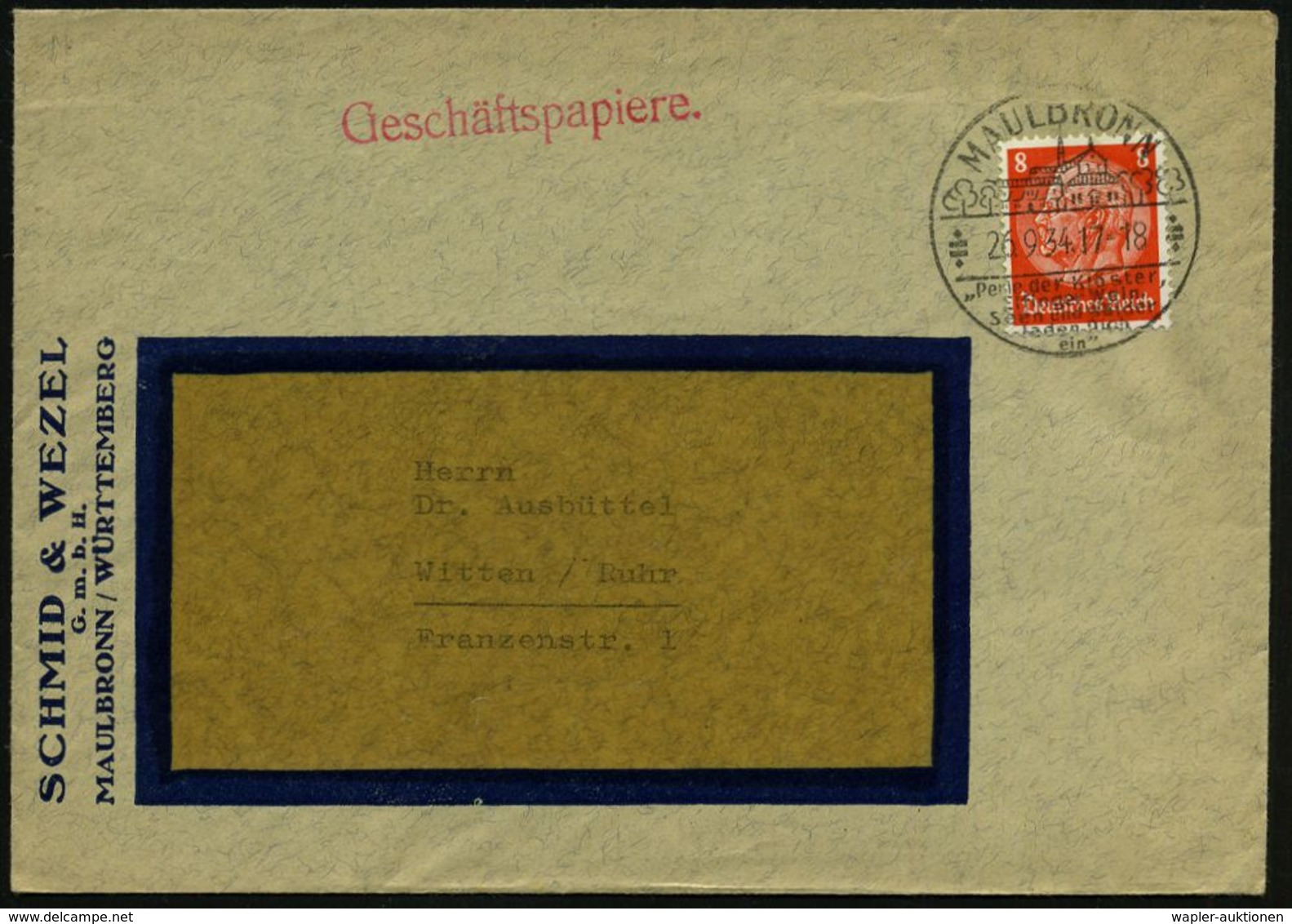 MAULBRONN/ "Perle Des Kloster/ Elfinger Wein.." 1934 (26.9.) HWSt = Kloster, Wirkungsstätte V. Hölderlin U. Herm. Hesse  - Klöster