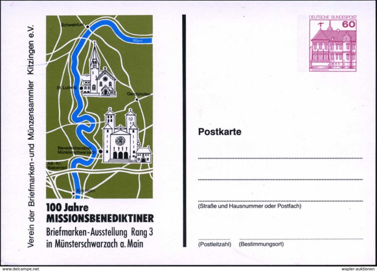 Münsterschwarzach 1984 PP 60 Pf. Burgen: 100 JAHRE MISSIONSBENEDIKTINER.. = Benediktiner-Abtei (auf Landkarte, Kirche "S - Abbazie E Monasteri