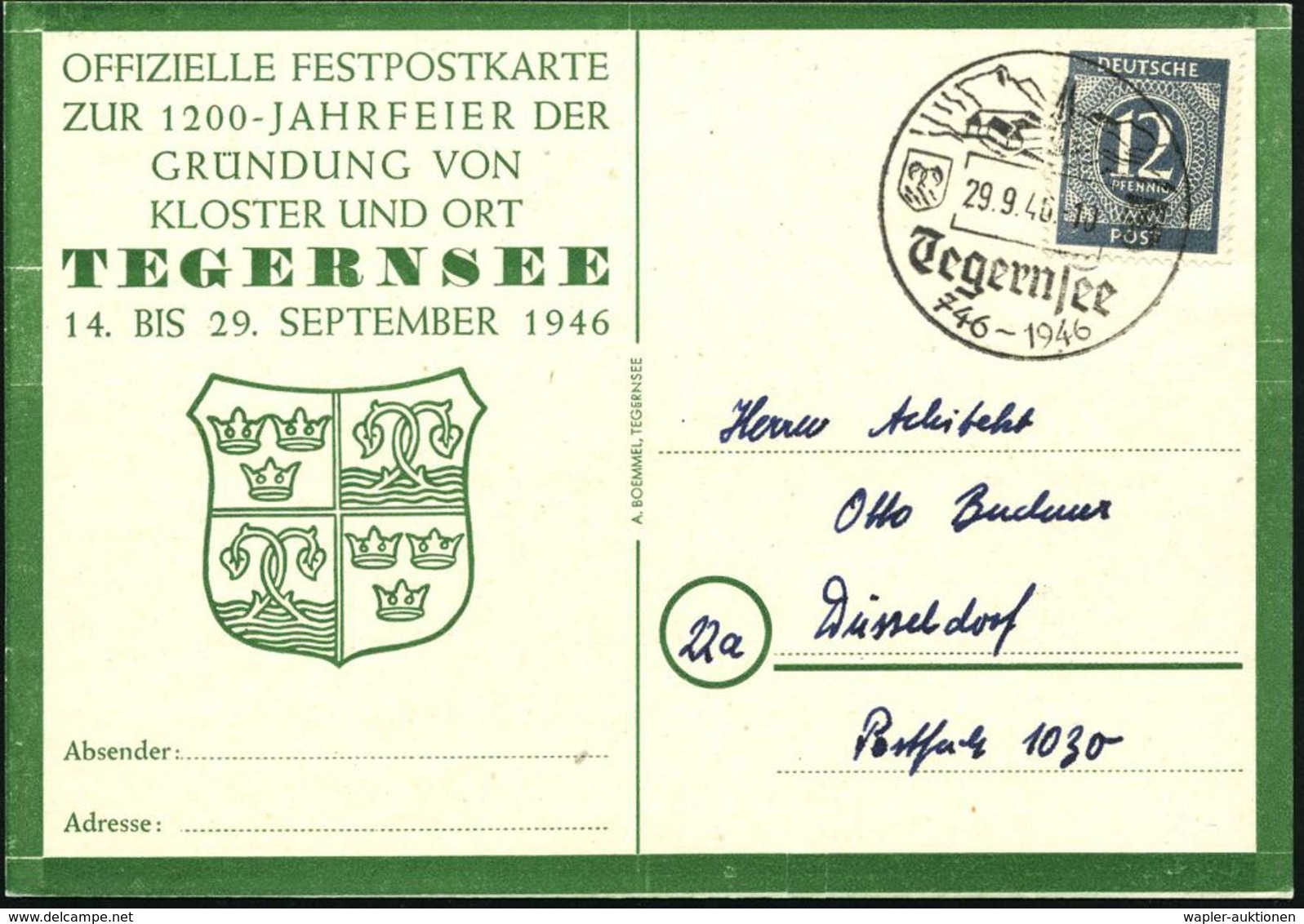 Tegernsee/ 746-1946 1946 (29.9.) SSt = Kloster Tegernsee , Klar Gest. Jubil.-Sonder-Kt.: OFFIZ. FESTPOSTKARTE ZUR 1200 J - Klöster