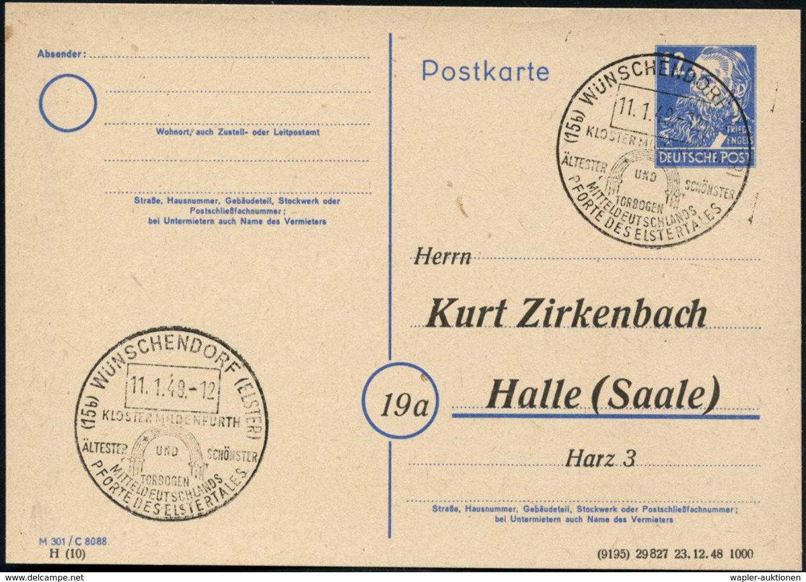 (15b) WÜNSCHENDORF (ELSTER)/ KLOSTER MILDENFURTH/ ÄLTESTER U.SCHÖNSTER/ TORBOGEN.. 1949 (11.1.) HWSt = Kreuzgang-Bogen D - Abdijen En Kloosters