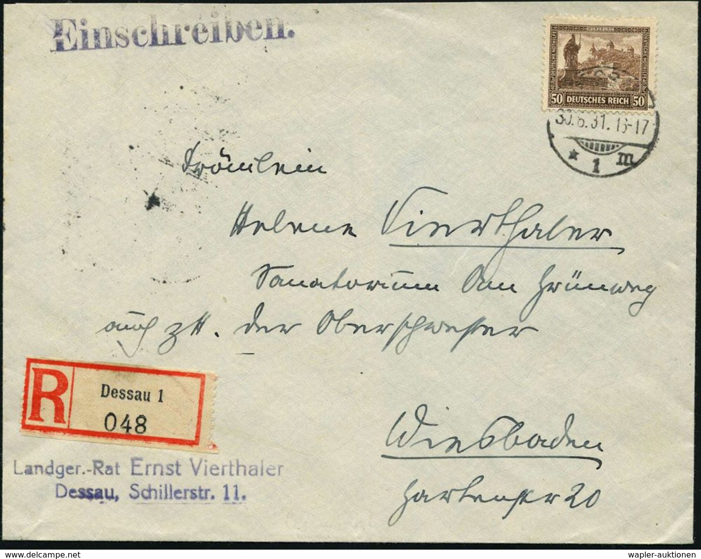 DEUTSCHES REICH 1931 (30.8.) 1K-Gitter: DESSAU 1 Auf EF 50 Pf. + 40 Pf. Nothilfe = St. Burkhard, Würzburg (= Brücken-Sku - Cristianesimo